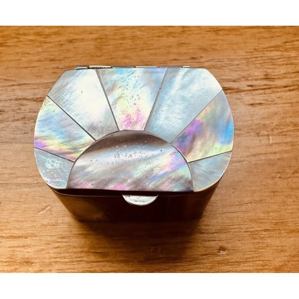 Beautiful Abalone Mother Of Pearl Small Trinket Jewelry Snuff‎ Box Stainless VTG